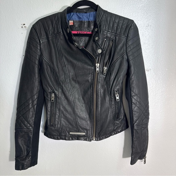Superdry Jackets & Blazers - Superdry Black Leather Motorcycle Jacket Fitted Tailored